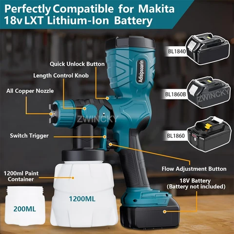 Аккумуляторный распылитель краски BSIDE 200 Вт для Makita/Dewalt/Milwaukee/Bosch/Ryobi 18 В