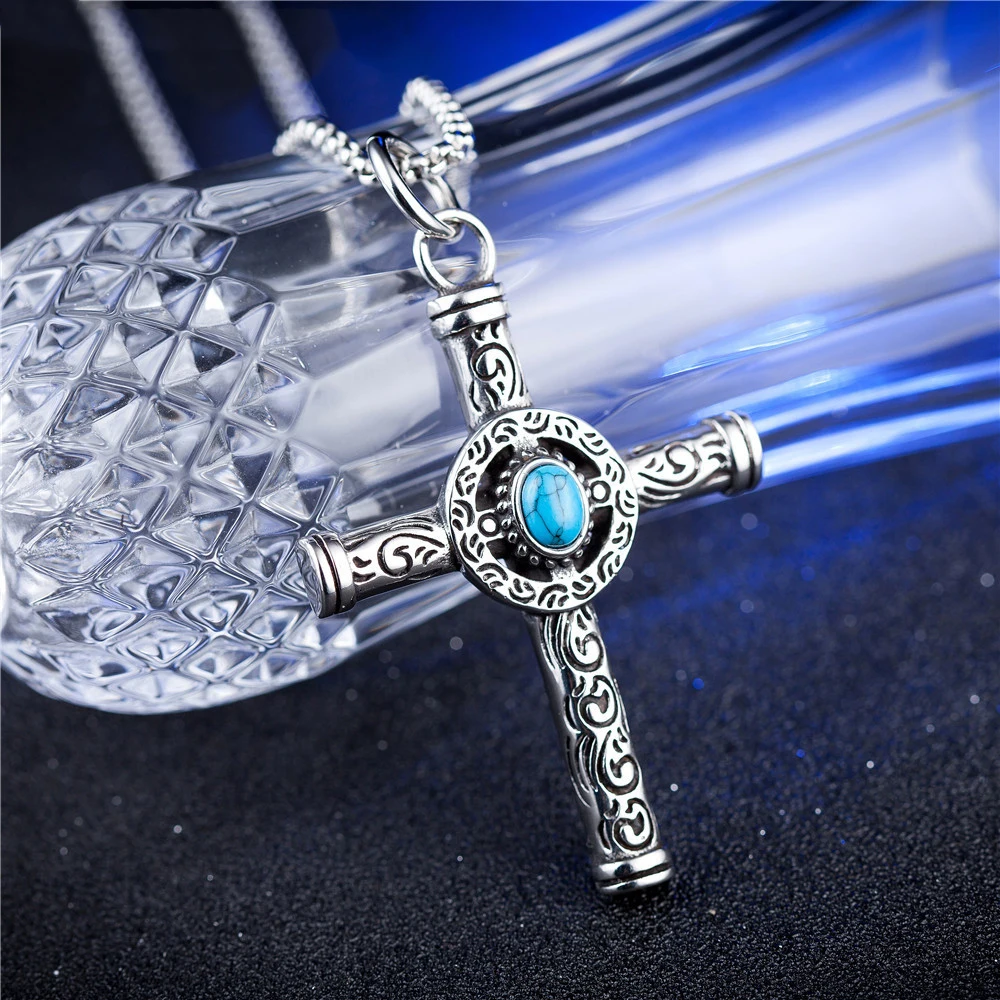 2023 New Arrival Cross Pendant With Turquoise Minimalist Style Stainless Steel Chain Necklaces For Women Wholesale Jewelry Gift