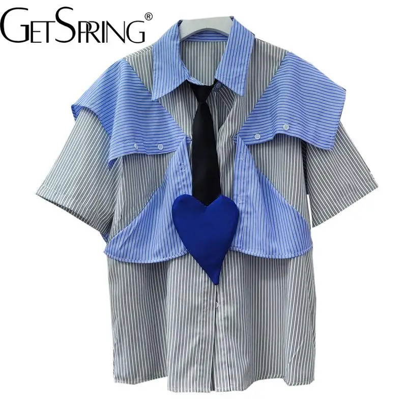 

GetSpring Women Shirt Love Tie Short Sleeve Striped Patchwork Ladies Blouse Fashion Loose Leisure Female Tops 2022 Summer New