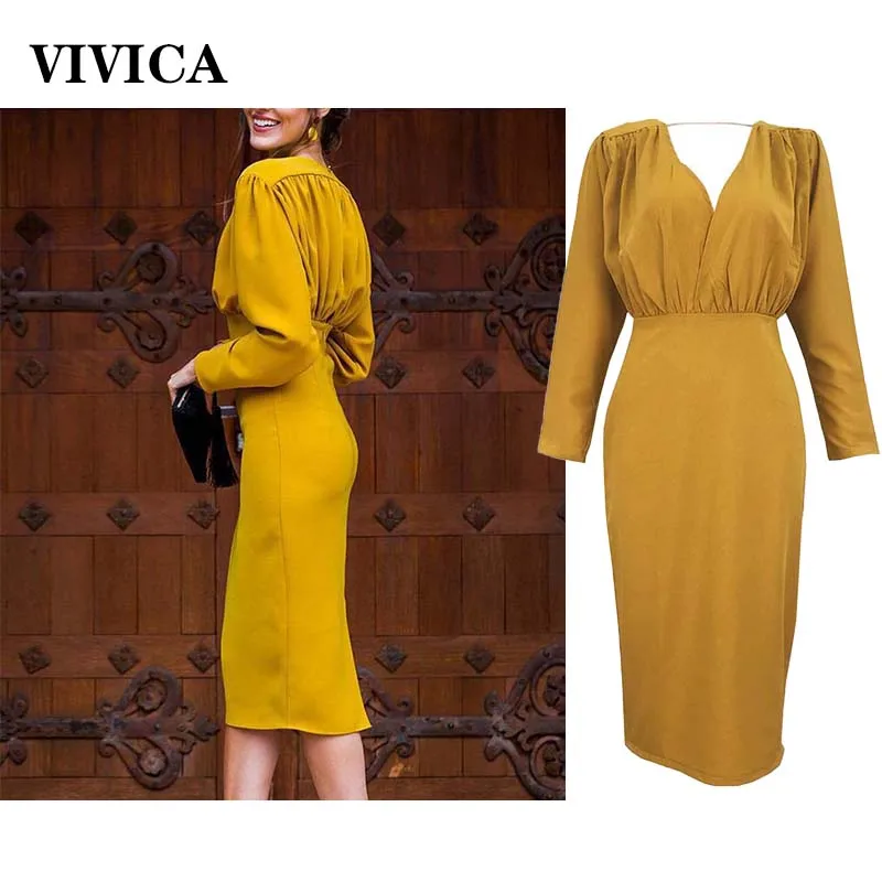 

2022 New Autumn and Winter Sexy Package Hip Evening Dress V-neck Solid Color Temperament Office Long-sleeved Dress