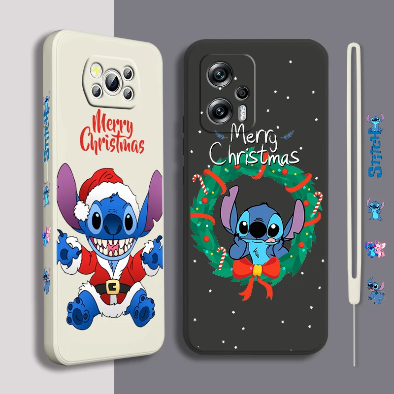 

Stitch Christmas Anime For Xiaomi POCO X5 M5 C40 M4 X4 F4 C40 X3 NFC F3 GT M4 M3 M2 Pro 4G 5G Liquid Left Rope Phone Case Fundas