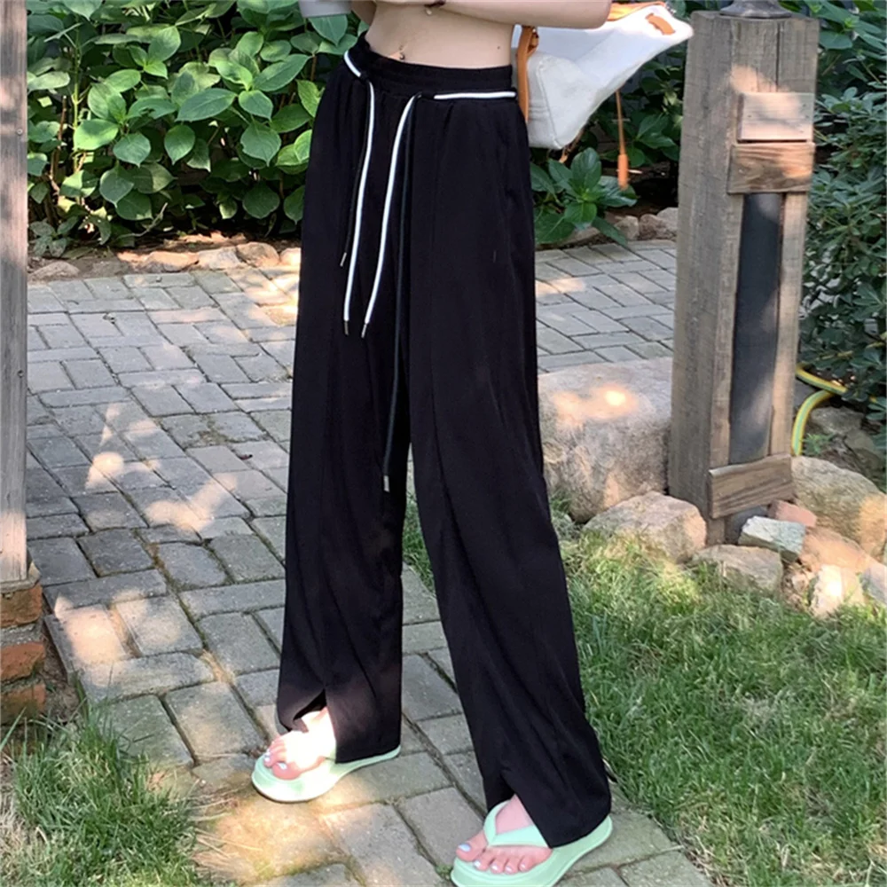 

MOYUNI милые черные женские брюки с разрезом повседневные Прямые летние однотонные модные 2022 рабочая одежда новая уличная мода тонкие свободн...