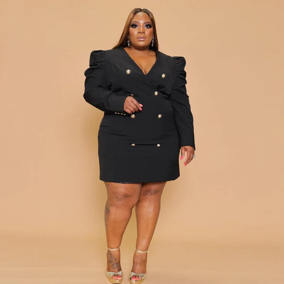 Plus Size Dresses Solid Long Sleeve V-neck Waist Button Elegant Dresses for Women Party Dresses Evening Dresses Office Lady Full
