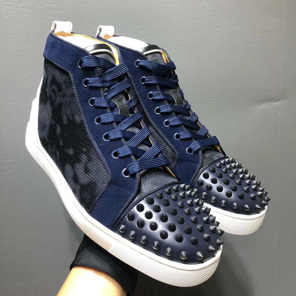 

High Top Red Bottom Shoes For Men Blue Plaid Graffiti Leather Toe Rivets Casual Shoes Flats Loafers Sneaker Couple Women Spikes
