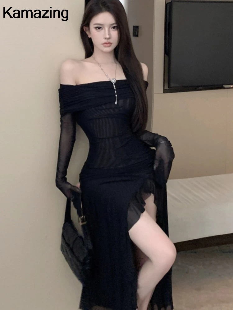 Шикарное черное платье миди с разрезом и оборками женское сексуальное вечернее