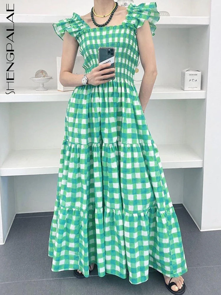 

SHENGPALAE корейский шик 2022 летнее элегантное плиссированное платье с квадратным вырезом на талии с рюшами и рукавами-крылышками в клетку женск...