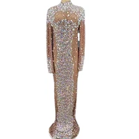 brown shining rhinestones sexy women long split dress evening banquet party clothing stage singer dancing prom costumes