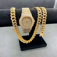3pcs fashion mens jewelry set iced out watch necklace bracelet mens gold watches miama cuban link chain choker playboy necklace