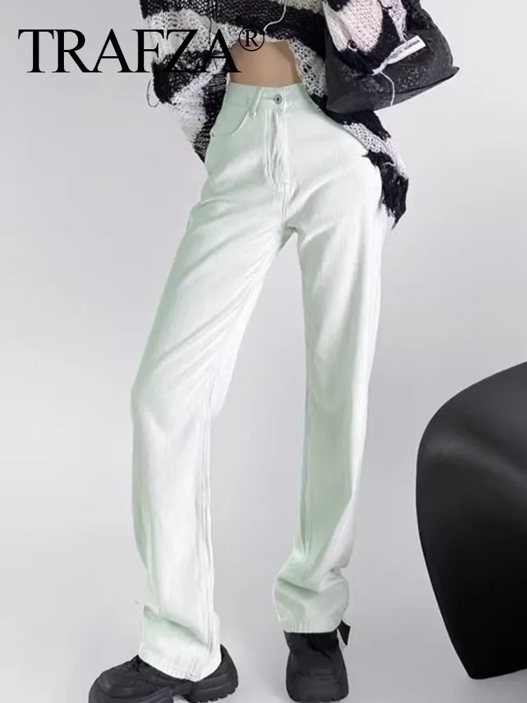 

TRAF ZA 2023 Women New Fashion Two-Color Casual High Waist Slim Denim Long Pants Zipper Pockets Button Decorate Wide Leg Pants