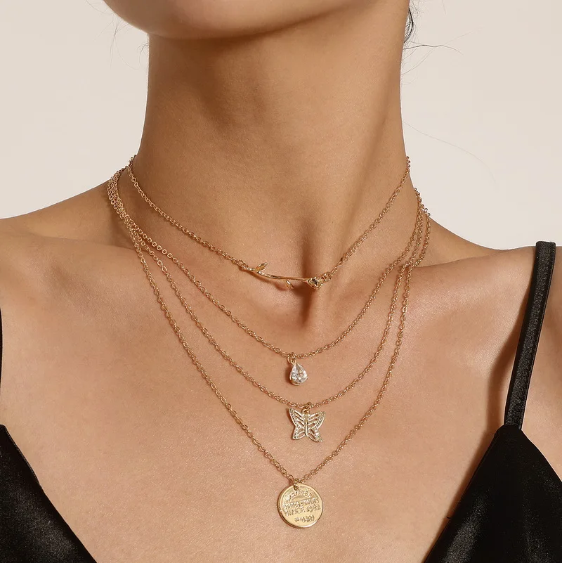 

Vintage Multilayer Chains Rose Flower Butterfly Coin Pendant Necklace Women Elegant 18K Gold Chain Geometric Collar Jewelry Gift