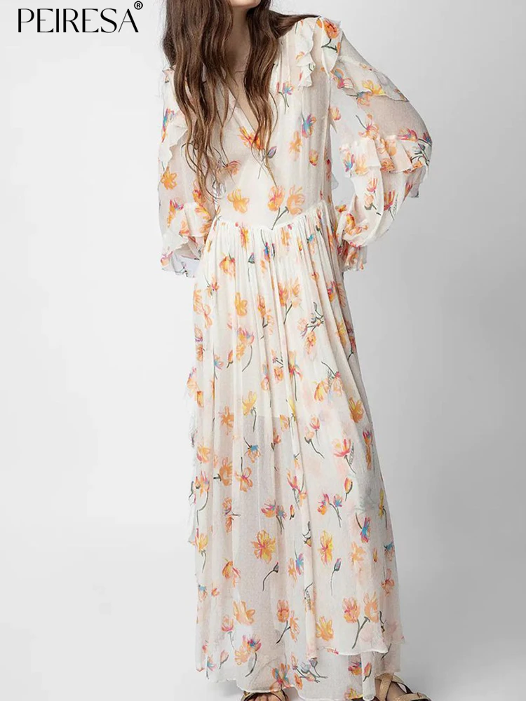 

Женское платье с цветочным принтом PEIRESA, Свободное длинное платье с V-образным вырезом и оборками, с расклешенным рукавом, для ранней осени, 2023