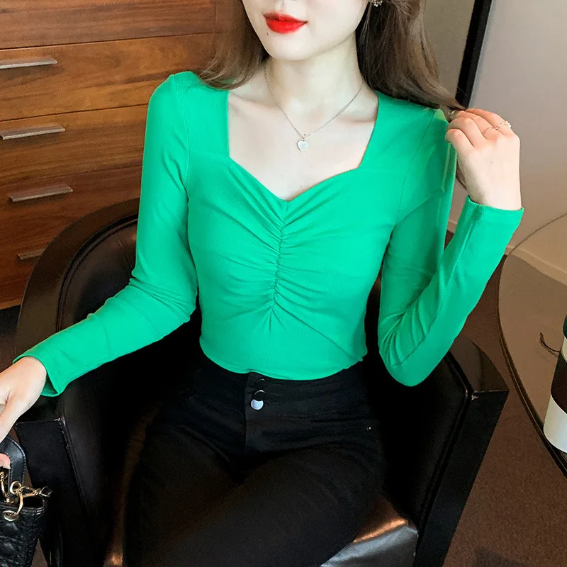 

Korean Version V-neck Long-sleeved T-shirt Women's 2022 Spring New Scheming Design Pleated Top Western-style Bottoming Shirt