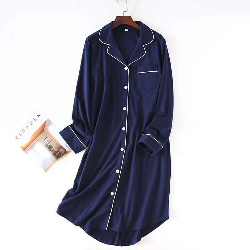 Knitted Cotton Long-Sleeved Nightgowns Spring Autumn Button Down Turn-Down Women's Sleepwear Mid-Length Sleepshirts Nightshirt