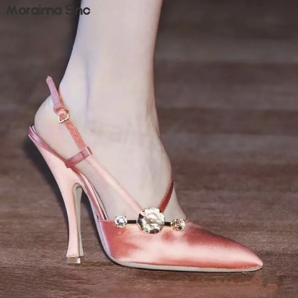 Pink Leather Rhinestone High-Heeled Shoes with Back Empty Fashion Sandals Pointed Toe French Elegant Temperament Ladies' Pumps