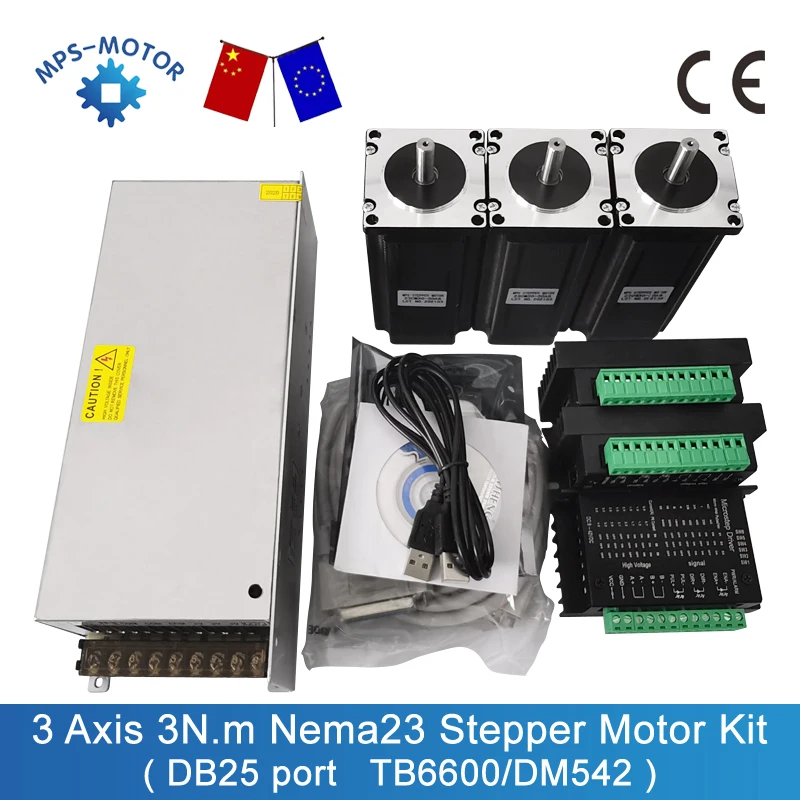 Комплект ЧПУ 3-осевой шаговый двигатель Nema23 3N.m 112 мм с драйвером TB6600 / DM542 + DB25 Mach3