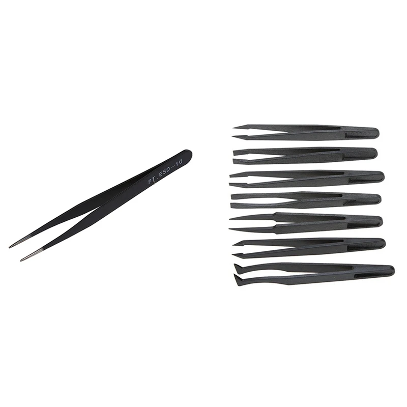 

1X Black Metal Straight Sharp Tip Tweezer & 7Pcs Black Plastic Antistatic Flat Bottomed Top End Tweezers Hand Tools Set