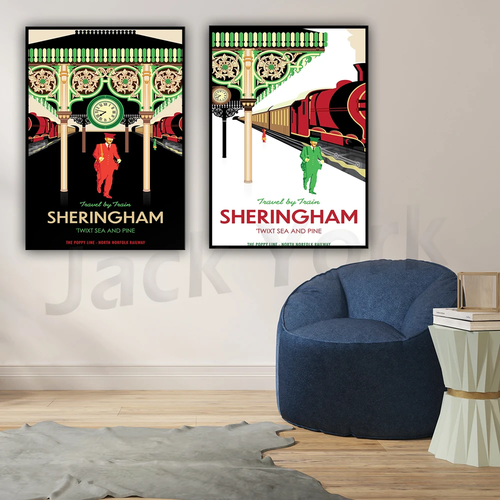 Ретро постер стиля эйзенбан, станция херингем, Постер маковой линии, севервич Великобритания, Постер паровой эйзенбан