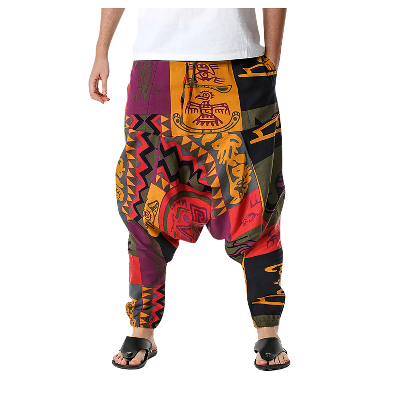 Брюки-султанки мужские из хлопка и льна Мешковатые повседневные свободные штаны