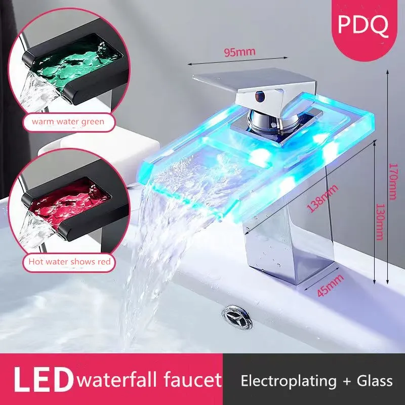 

All copper hot and cold luminous faucet LED black basin faucet household temperature control color changing waterfall faucet