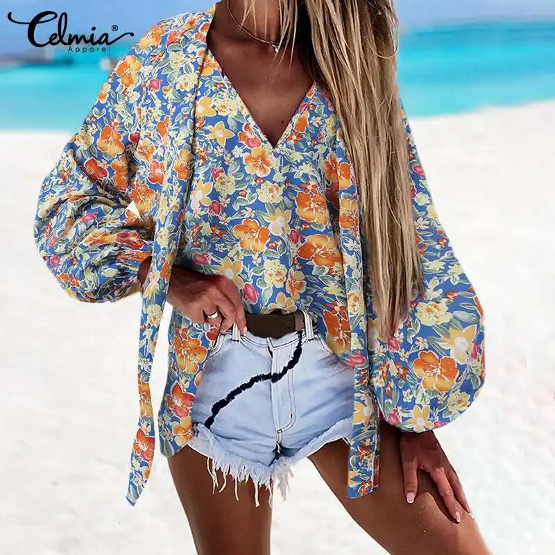 

2022 Summer Elegant Holiday Blusas Celmia Women Long Puff Sleeve Blouse Bohemian Floral Printed Tops Casual Bandage V Neck Shirt