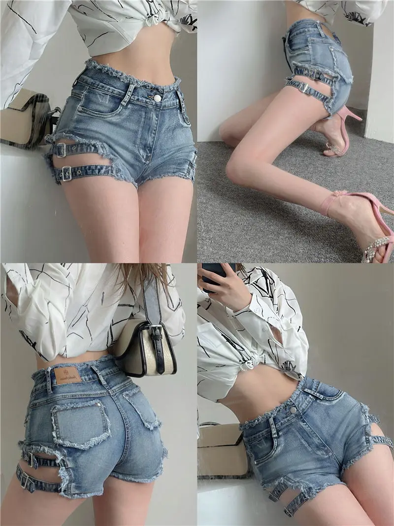 Sexy Hole Summer High Waist Distressed Denim Hot Shorts Women Black Ripped Booty Shorts Vintage Punk Shorts Jeans Hotpants 2023