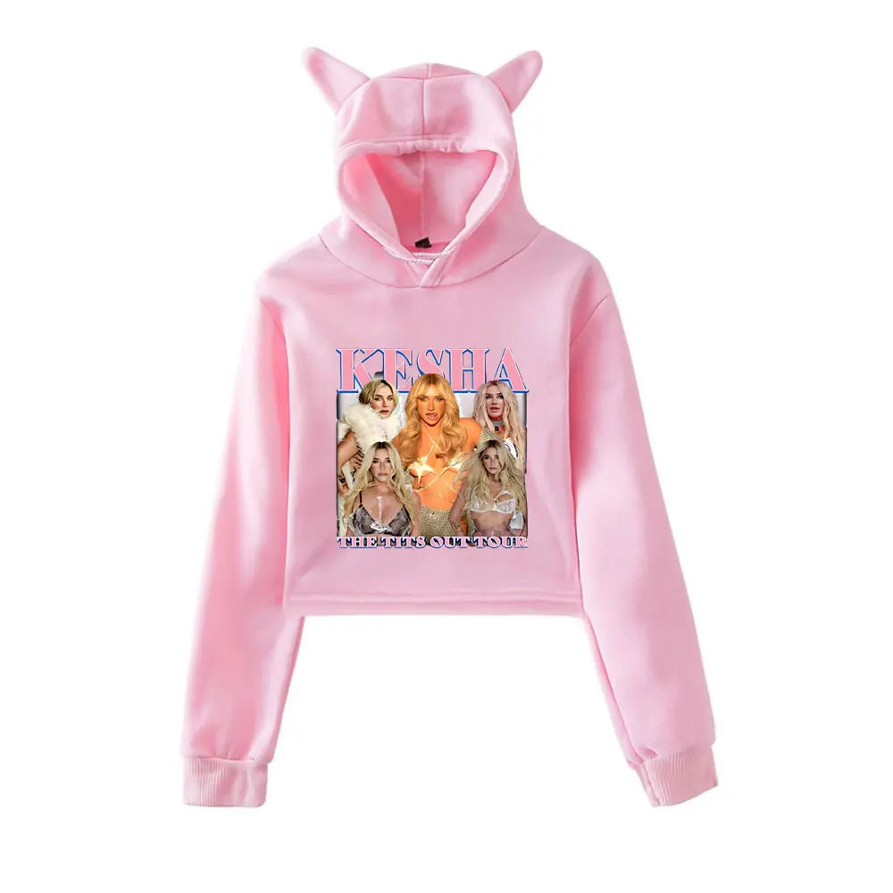 Фото Kesha Merch винтажная уличная одежда 90-х годов с логотипом, толстовки с капюшоном для девочек, укороченный модный спортивный пуловер с кошачьими ушками №1
