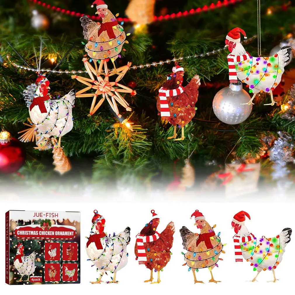 

4Pcs/Set Chicken Ornaments Christmas Scarves Decor Wooden Outdoor Festival Decorations Scarf Pendants Home Christmas Toys