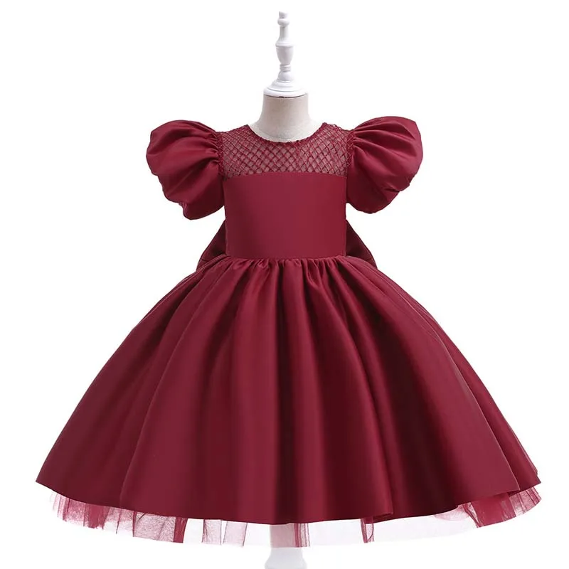 

2022 Party Dresses Elegant Puff Sleeves Bowknot Tulle Frock Birthday Princess Vestidos Kids Clothes Summer Dress for Girls