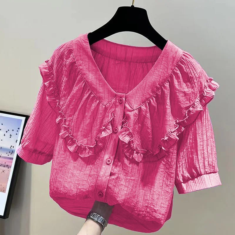 Sweet Peter Pan Collar Spliced Loose Ruffles Shirt Female Clothing 2023 Summer New Casual Tops Solid Color Office Lady Blouse