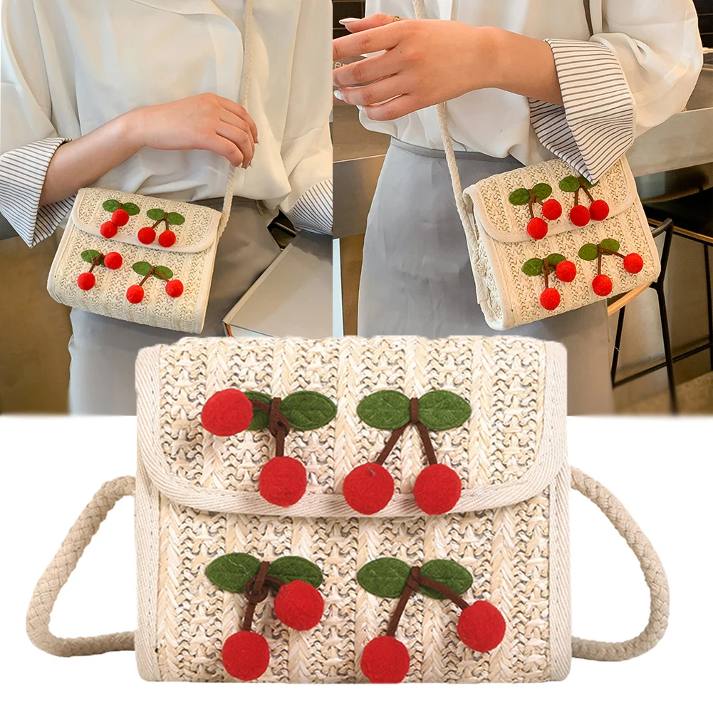 

Винтажные плетеные соломенные сумки на плечо из ротанга ручной работы, пляжные мессенджеры вишневого отдыха, Женская богемная сумка через плечо, новая мода