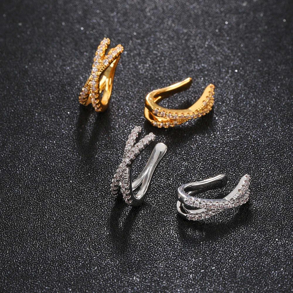 Poulisa Cross Cuff Stud Earrings for Women 925 Sterling Silver Micro Pave Zircon Non Pierced Cartilage Clip CZ Earring on Ear