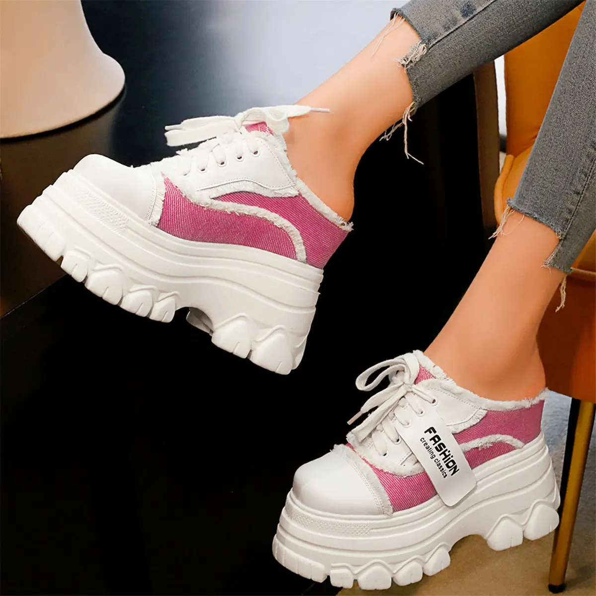 

12cm Super High Heels Slippers Women Canvas Wedges Roman Gladiator Sandals Female Round Toe Chunky Platform Pumps Casual Shoes