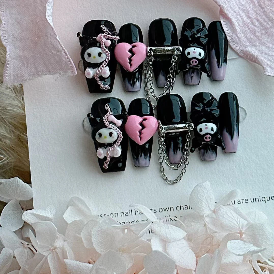 10 шт. Sanrios Kuromi kawaii искусственные накладные ногти Длинные Аниме мультфильм носимые