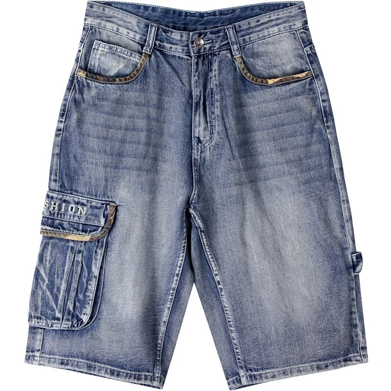 Summer Men's Wide Leg Denim Shorts Loose Straight Skating Pants Multi-pocket Shorts Middle Pants Jeans Plus Size