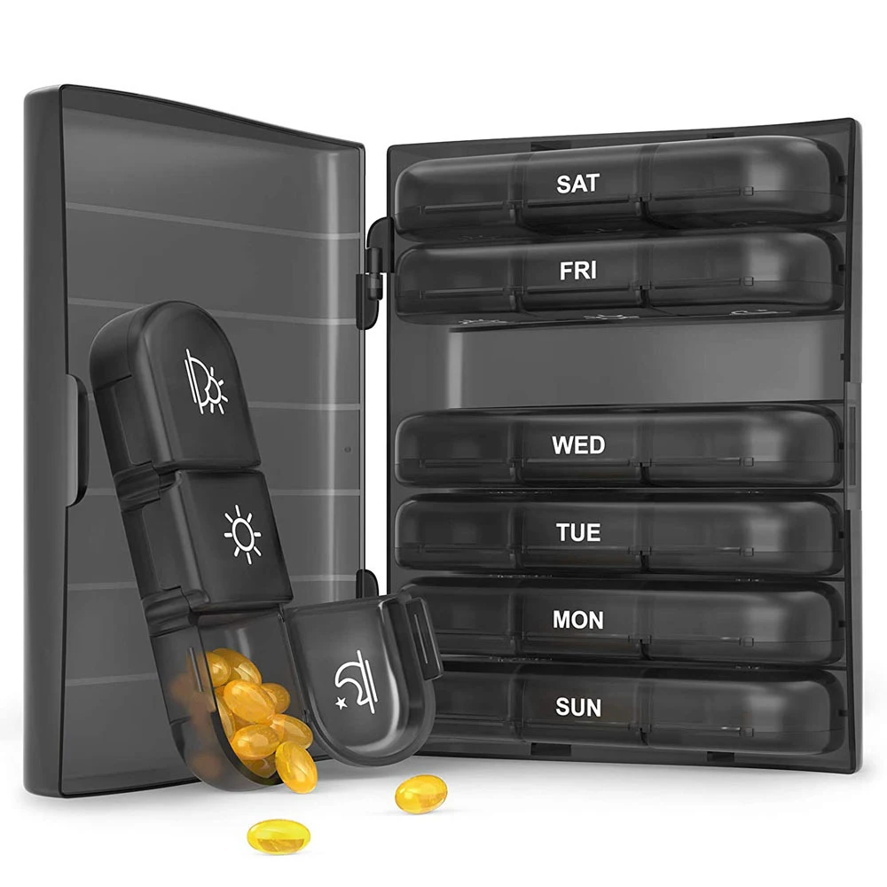 Fashion 21-Compartment Medicine Box Black Pill Box Portable Pill Case Seven Days A Week Pillbox 