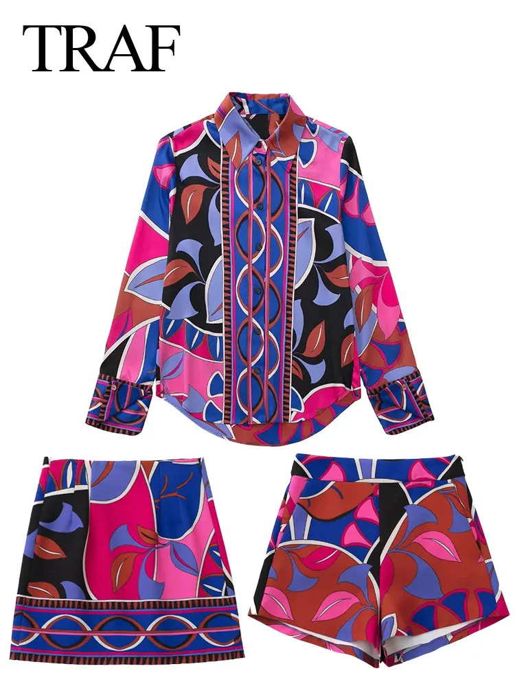 

TRAF Women's Long Sleeve Colorful Gorgeous Shirt Top + High Waist Shorts or A-Line Skirt Casual Suit Women's Office Wear Top