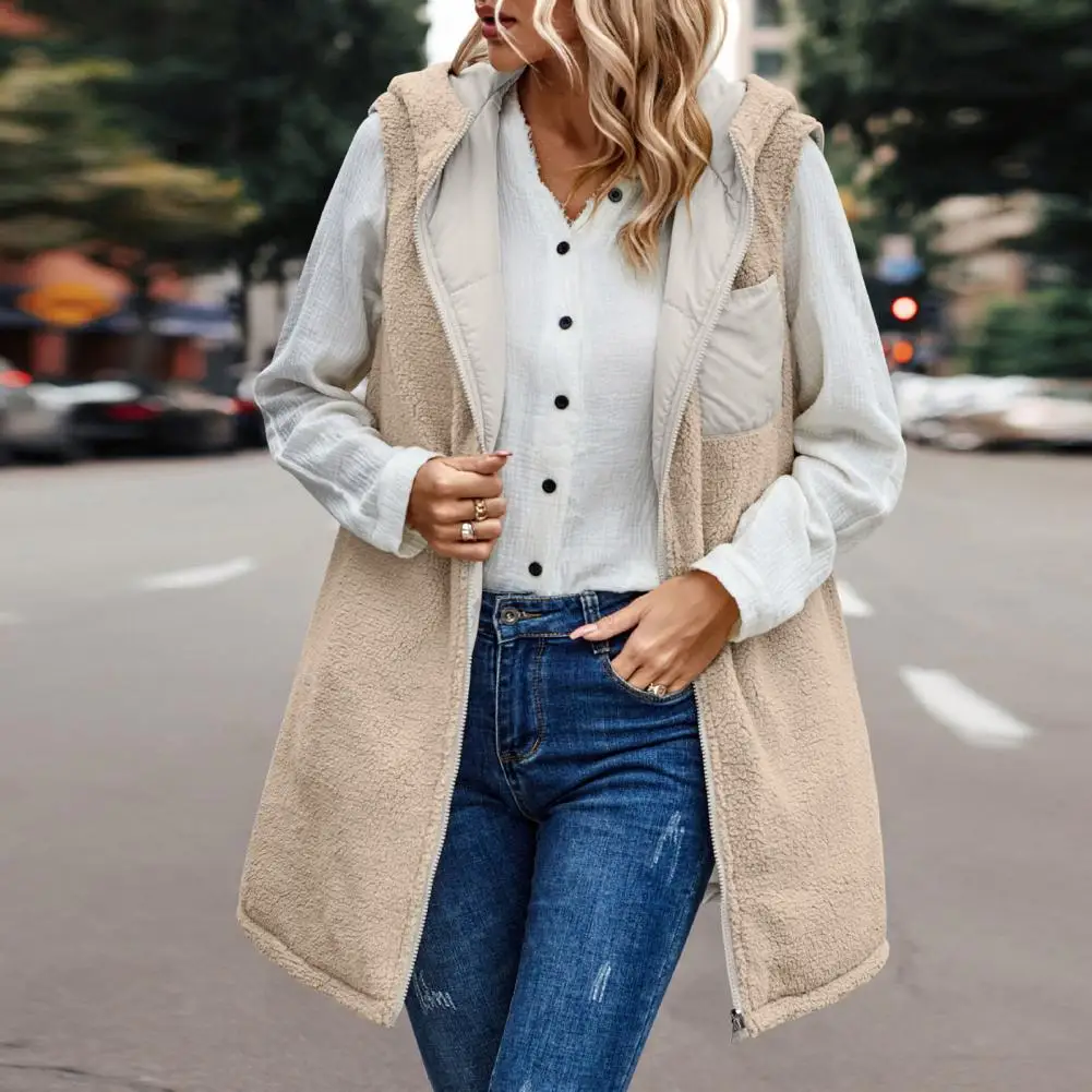 

Women Long Vest Jacket Versatile Women's Reversible Vest Coat with Hood Fleece Lining Mid-length Solid Color for Warmth