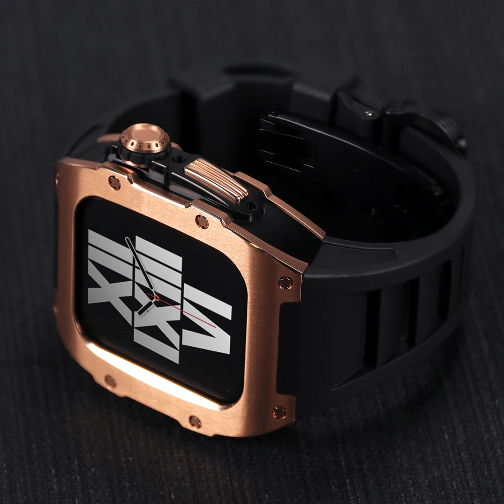 Titanium Alloy Stainless Steel Modification kit for Apple Watch 8 7 45mm Fluorine Rubber Strap for iWatch 6 SE 5 4 44mm Band Set