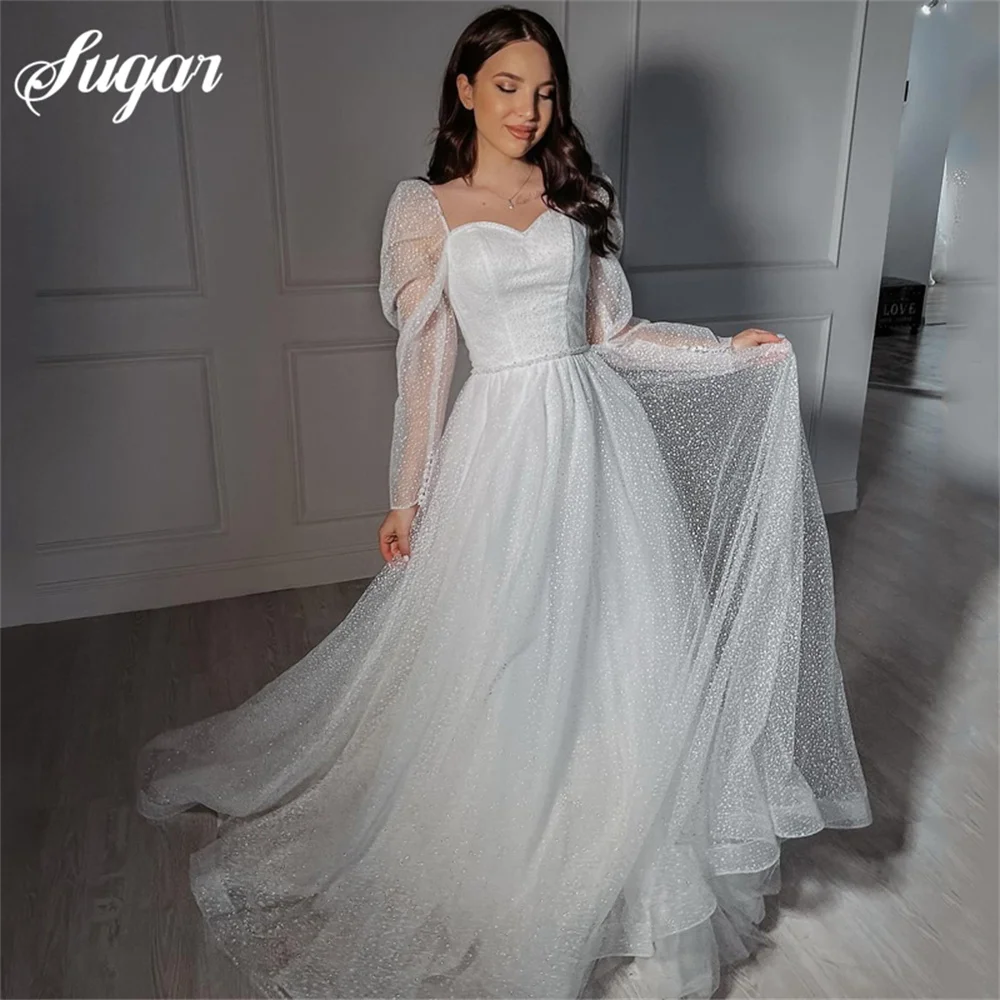 

Princess Dot Tulle A Line Wedding Dress Sweetheart Long Sleeve Elegant Sweep Train Bridal Gown Customize Vestidos De Novia Civil