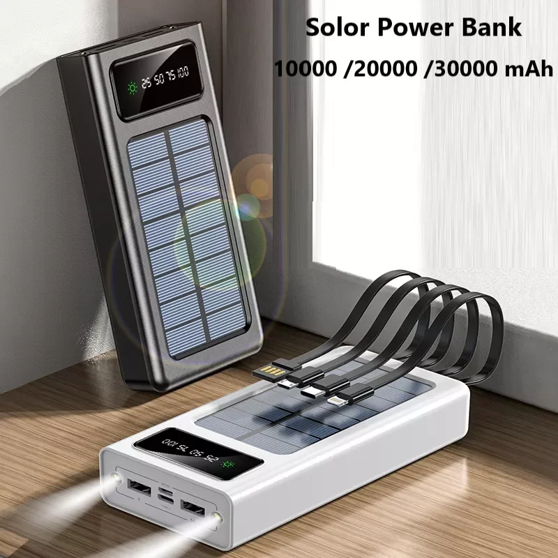 

NEW2023 Solar Power Bank 10000/20000/30000 mAh Portable Powerbank with 4 Cables for iPhone 13 12 Support Solar Battery Charging