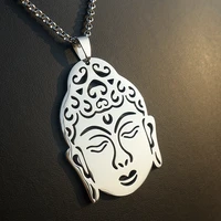grey silver stainless steel buddha head pendant necklace spiritual oneness serenity buddhism meditation buddhist wise jewelry