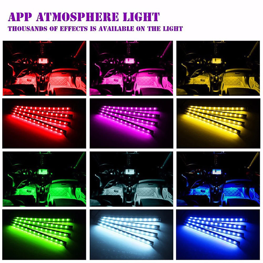 

RF Controler Atmosphere Lights Waterproof IP65 12LED 4pcs 5050SMD DC12V PC+soft Rubber Universal Car SUV Interior
