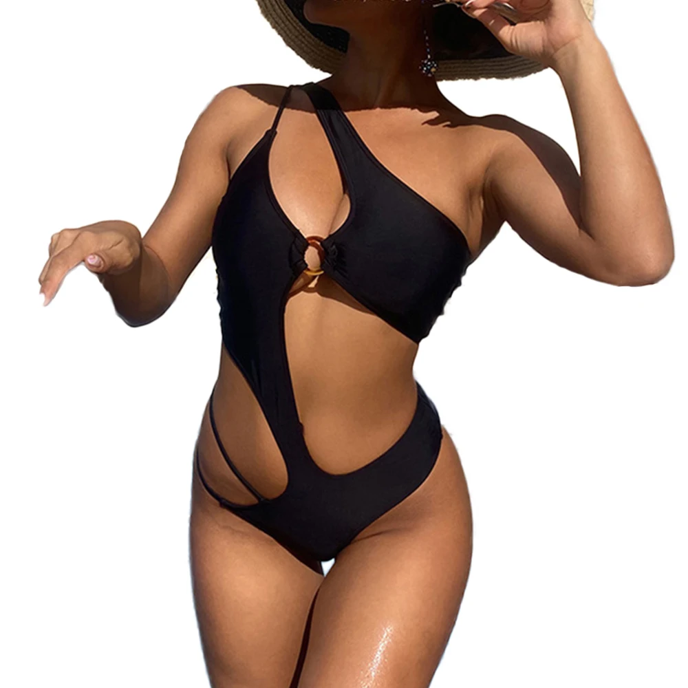 

Женский слитный купальник-монокини FS, черный треугольный купальник на одно плечо с вырезами, 2022