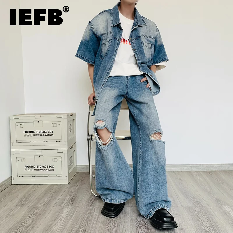 

IEFB Summer Denim Set Trend Men's Washed Shoulder Pad Short Sleeve Jacket Loose Wide Leg Broken Hole Jeans Tide Two Piece 9C1068