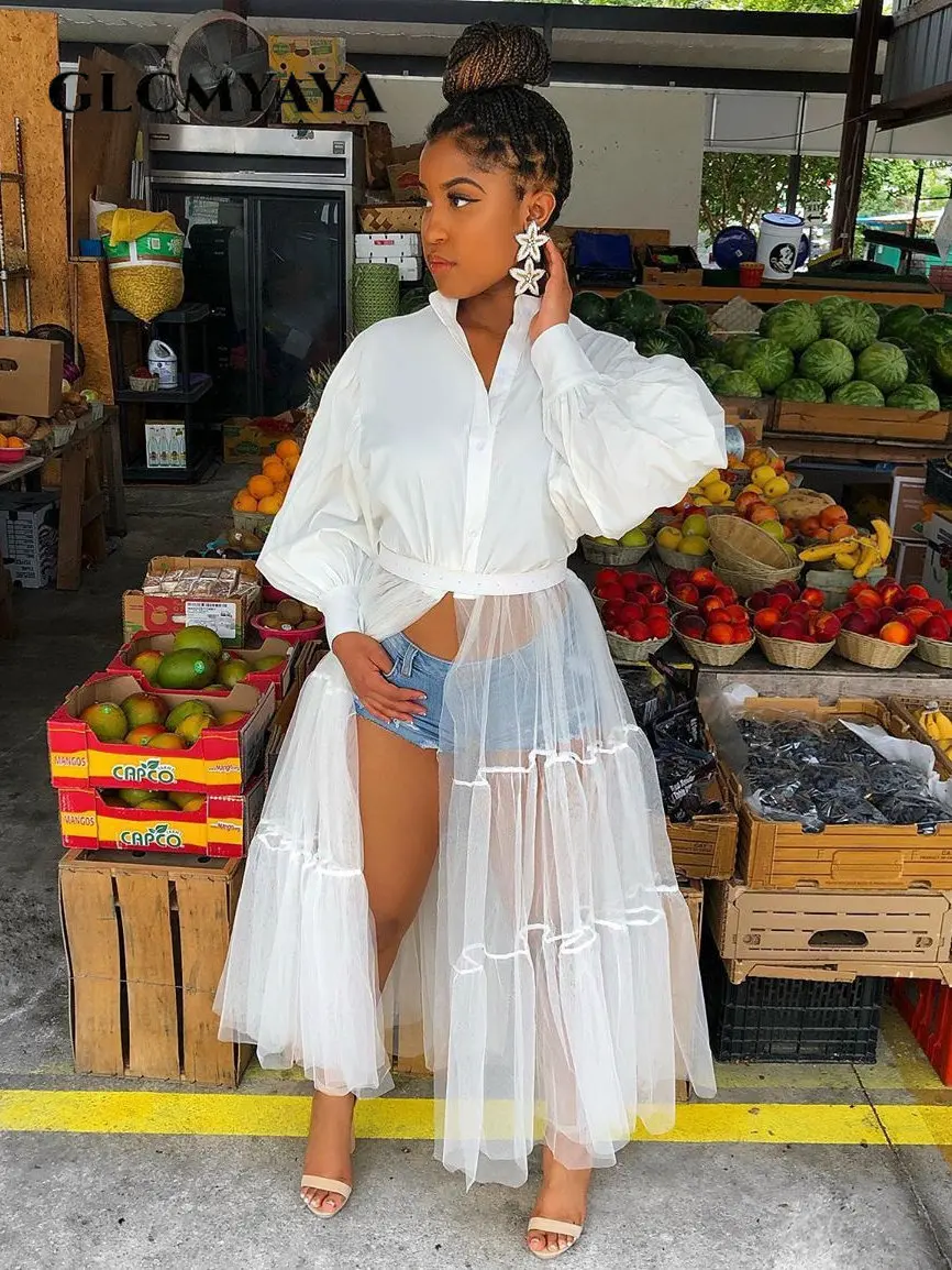 

GLCMYAYA Women Long Sleeve Maxi Blouses Mesh Patchwork Cascading Ruffles Slit Shirt Long Dress Vintage Sexy Club Maxi Dresses
