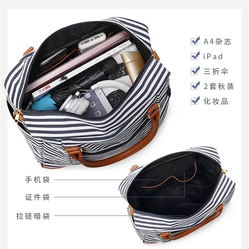 New Women Men's Canvas And Leather Handbag Luggage Short Ladies Travel Bag Stripe Sports Fitness Tote Bag Female Crossbody Bag