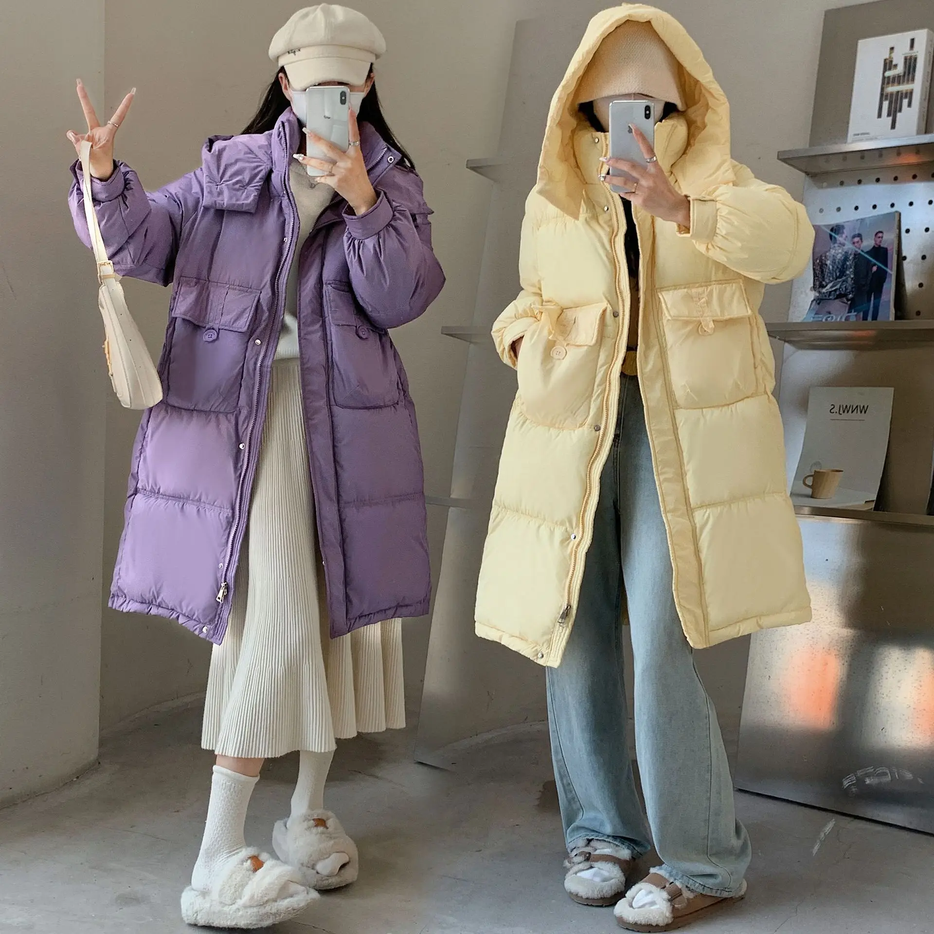 

Пуховик средней длины для женщин, новинка 2023, зимняя Свободная куртка в Корейском стиле с большими карманами и хлебом, Модная хлопковая куртка для женщин