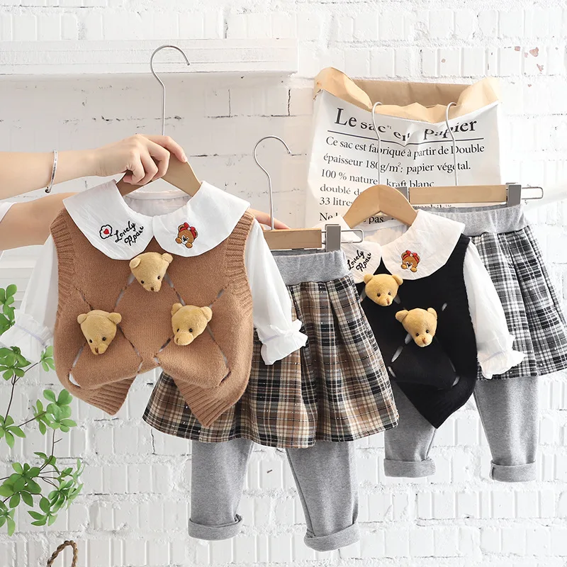 

2022 Autumn Infant Girl 3PCS Clothes Set Bear Sweater Vest Cartoon Embroidery Lapel Long Sleeve Shirt Skirt Pants Baby Girl Suit