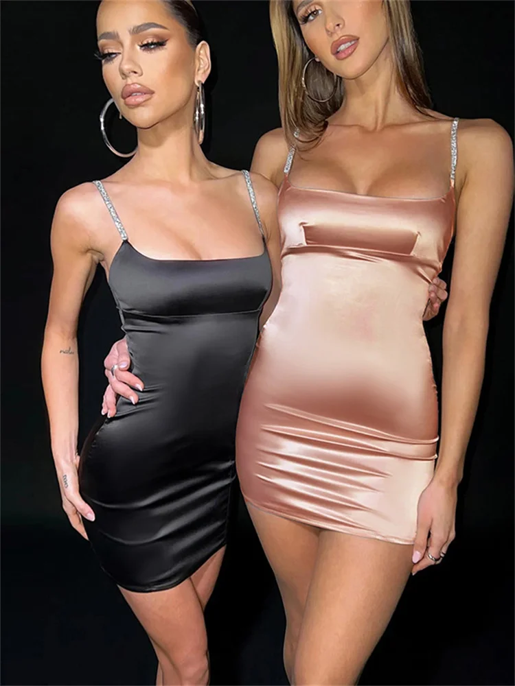 

Блестящее атласное платье на бретелях, сексуальные Клубные наряды для женщин, вечернее Клубное платье, летнее платье
