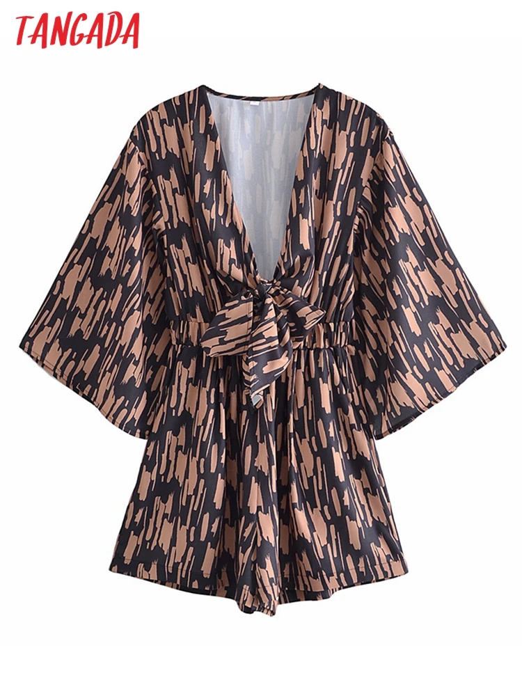 

Tangada Fashion women print summer bow playsuit backless short Sleeve Female beach playsuit 3W21